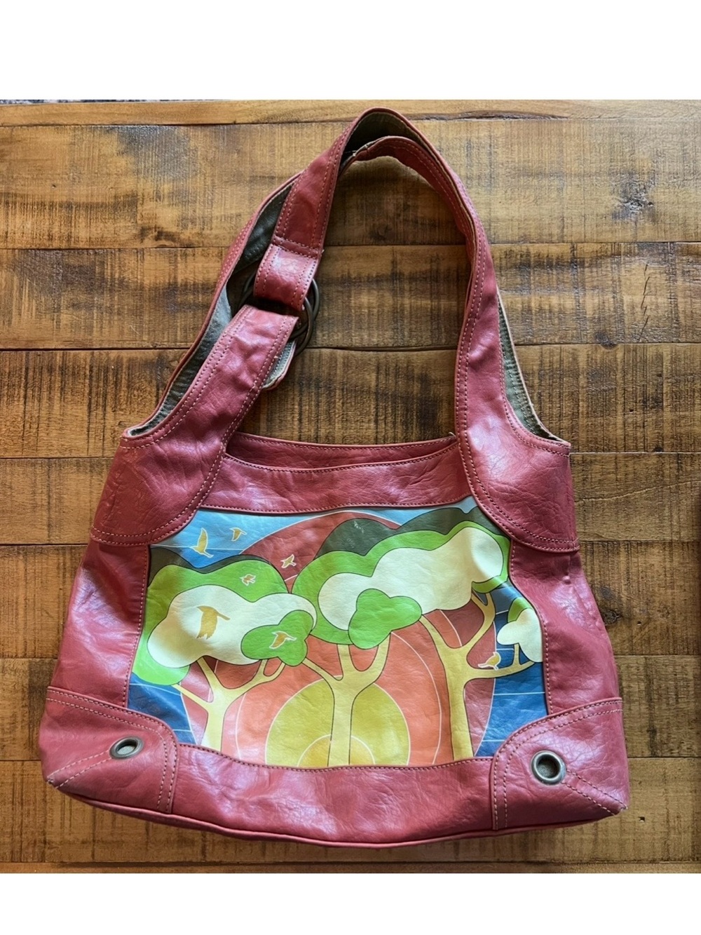 Artisan soft leather bag purse hand painted scenic design boho hippie folk art